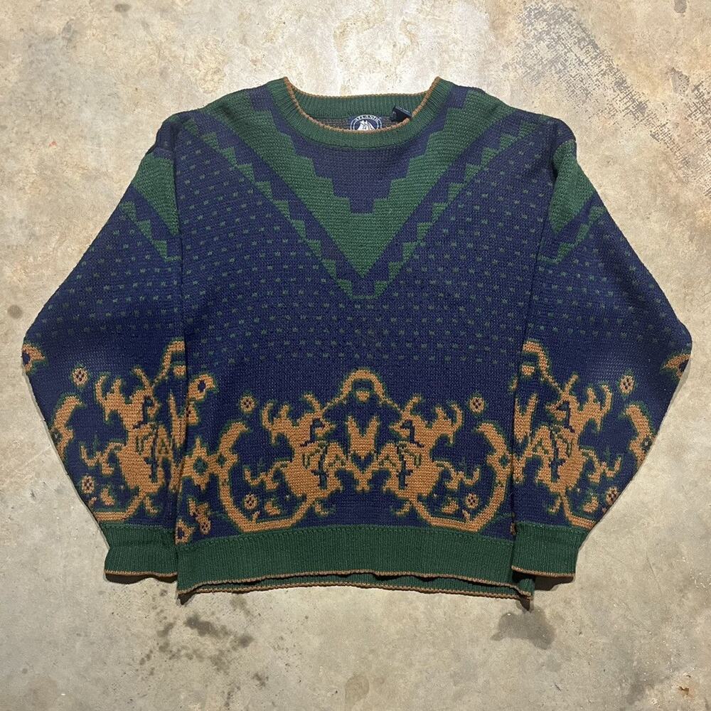 Vintage 90s Atlantic Traders Green/Navy Pattern Sweater